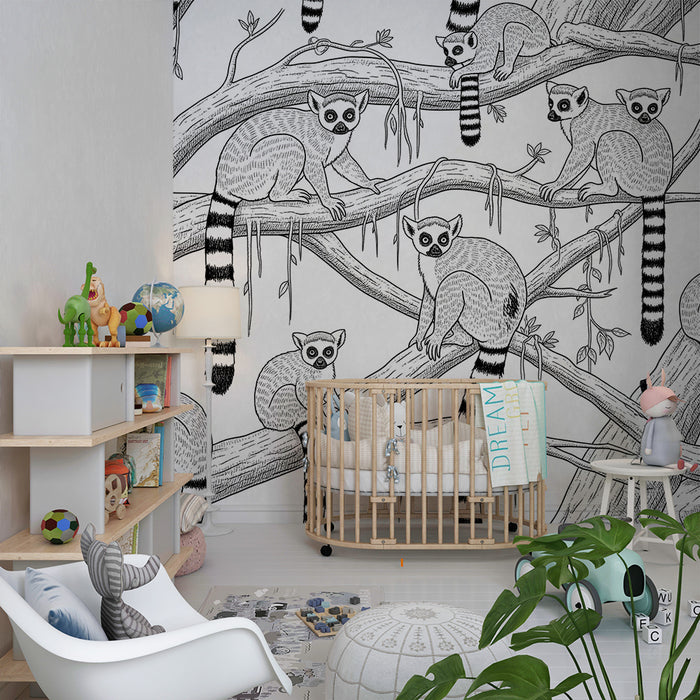 Kinderzimmer Tapete | Verspielte Lemuren im tropischen Wald