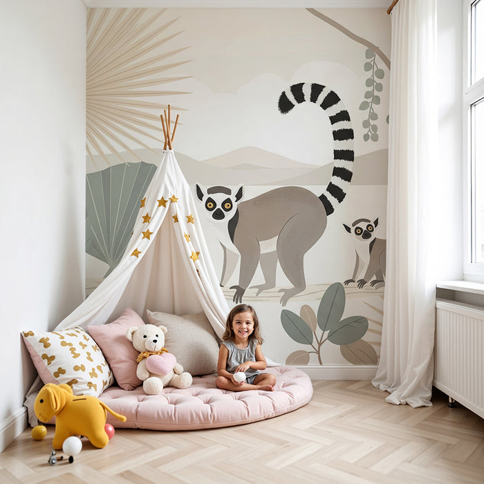 Children's bedroom wallpaper | Playful lemurs in a calming jungle