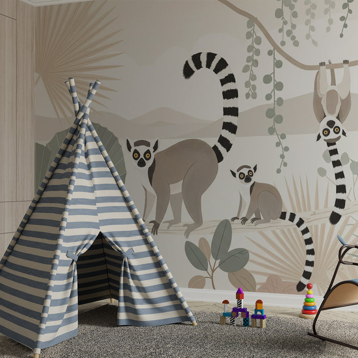 Children's bedroom wallpaper | Playful lemurs in a calming jungle