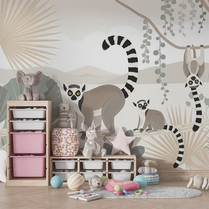 Children's bedroom wallpaper | Playful lemurs in a calming jungle