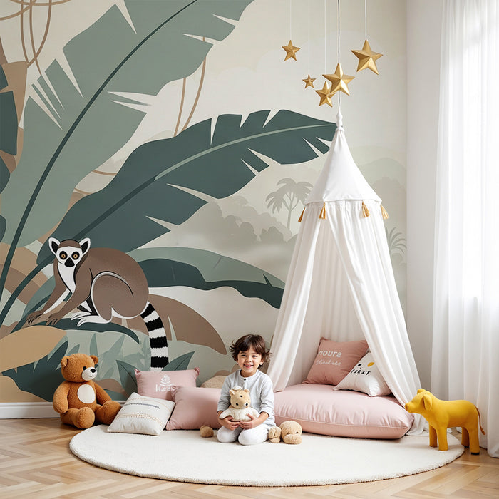 Papier peint chambre enfant | Lémuriens espiègles dans une jungle tropicale
