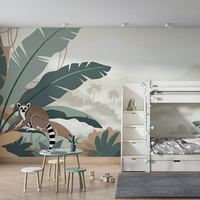 Papier peint chambre enfant | Lémuriens espiègles dans une jungle tropicale
