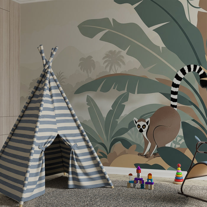 Papier peint chambre enfant | Lémuriens espiègles dans une jungle tropicale
