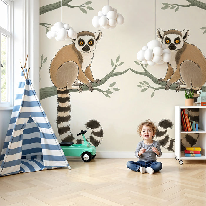 Papier peint chambre enfant | Lémuriens espiègles perchés sur des branches