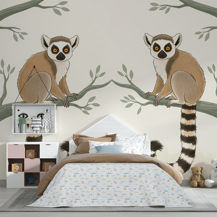 Papier peint chambre enfant | Lémuriens espiègles perchés sur des branches