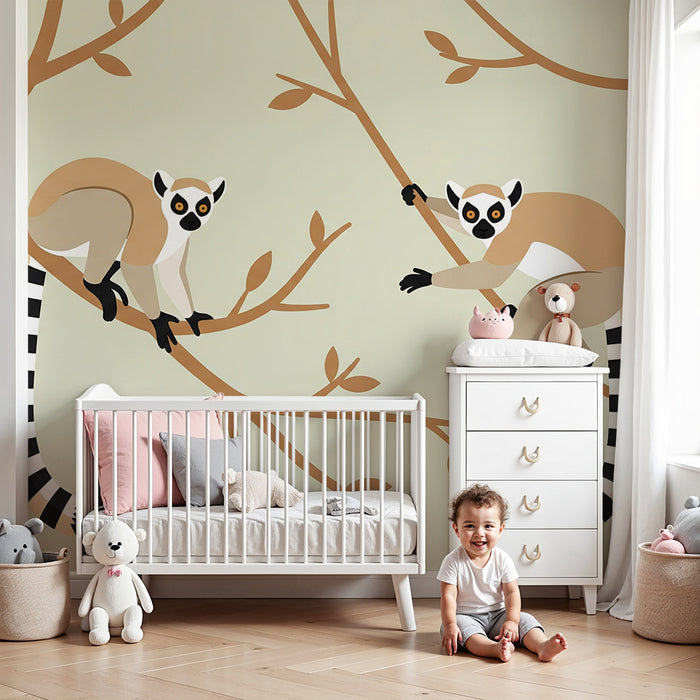 Papier peint chambre enfant | Lémuriens espiègles sur des branches d'arbre