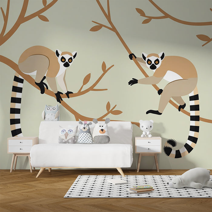 Papier peint chambre enfant | Lémuriens espiègles sur des branches d'arbre