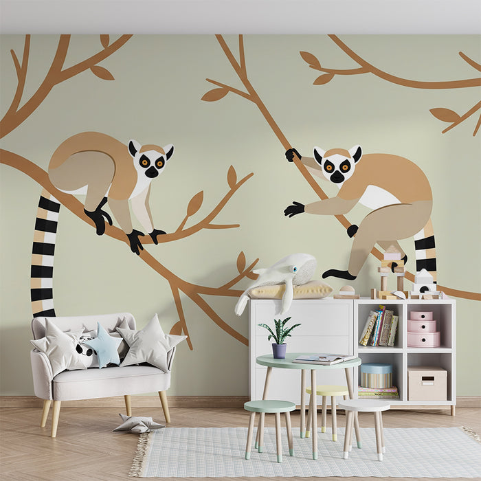 Papier peint chambre enfant | Lémuriens espiègles sur des branches d'arbre