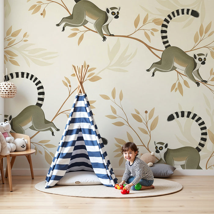 Papier peint chambre enfant | Lémuriens espiègles sur des branches délicates