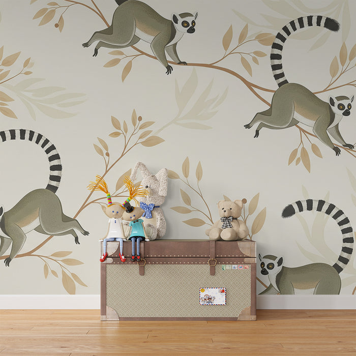 Papier peint chambre enfant | Lémuriens espiègles sur des branches délicates