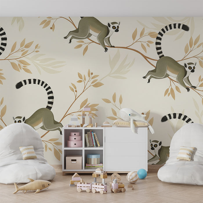 Papier peint chambre enfant | Lémuriens espiègles sur des branches délicates