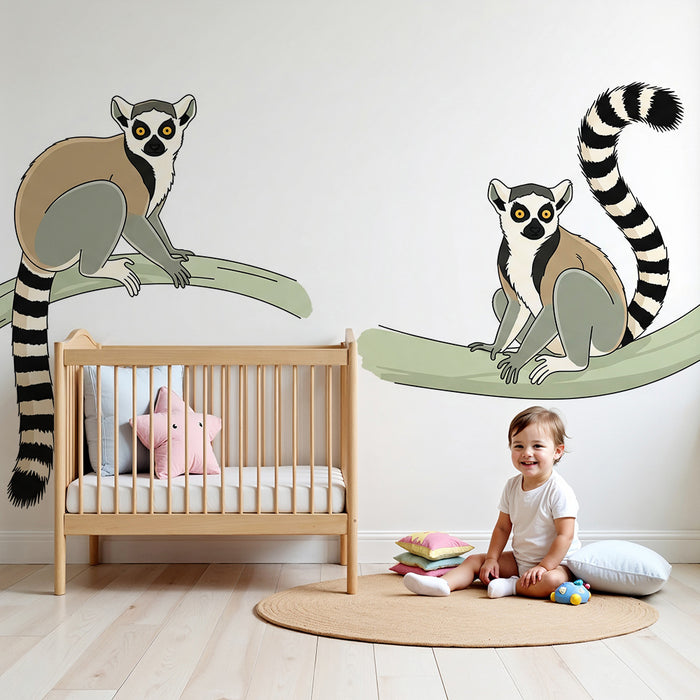 Papier peint chambre enfant | Lémuriens espiègles sur des branches vertes