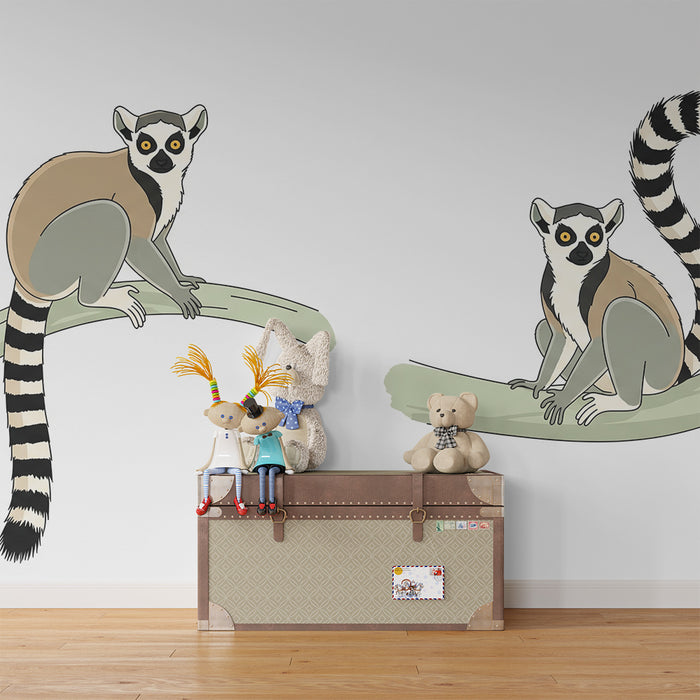 Papier peint chambre enfant | Lémuriens espiègles sur des branches vertes