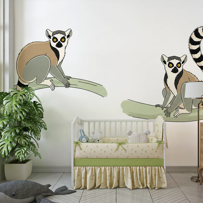 Papier peint chambre enfant | Lémuriens espiègles sur des branches vertes