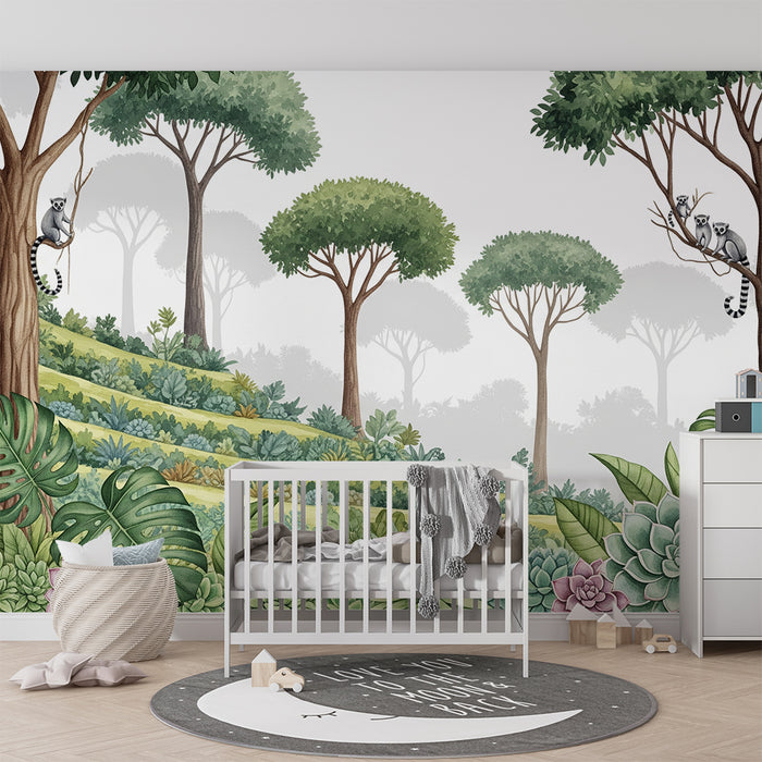 Papel de parede criança | Lémures e vegetação luxuriante num cenário natural