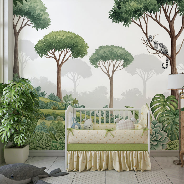 Papel de parede criança | Lémures e vegetação luxuriante num cenário natural