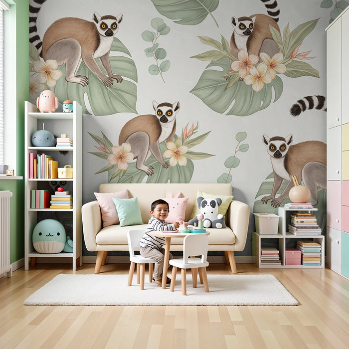Papel de parede para quarto infantil | Lêmures brincalhões entre folhas tropicais