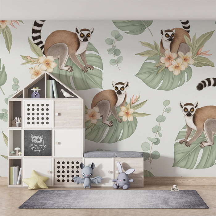 Papel de parede para quarto infantil | Lêmures brincalhões entre folhas tropicais