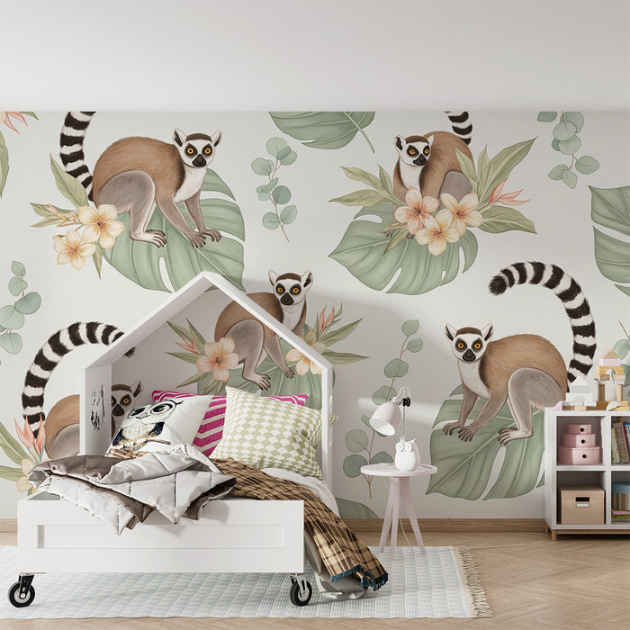 Papel de parede para quarto infantil | Lêmures brincalhões entre folhas tropicais