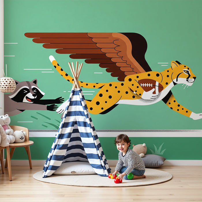 Papel pintado infantil | Leopardo alado y mapache en plena carrera