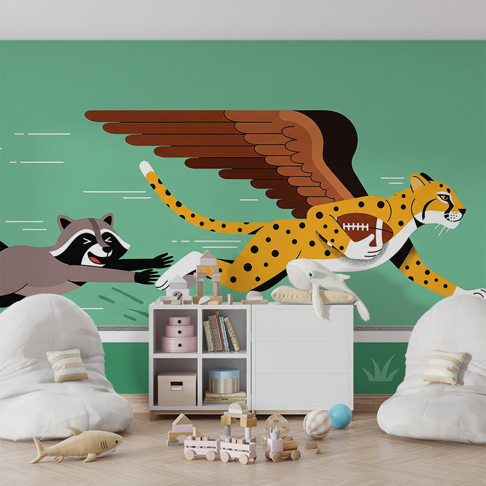 Papel pintado infantil | Leopardo alado y mapache en plena carrera