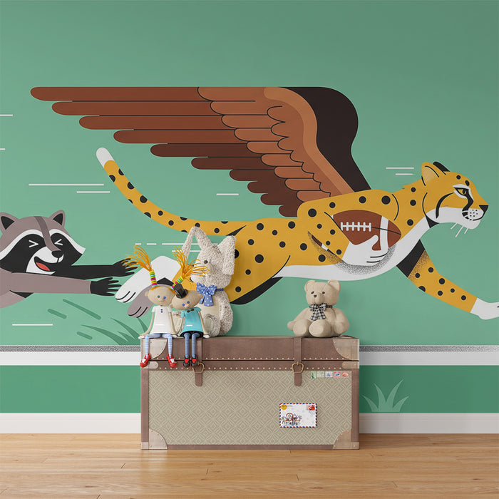 Papel pintado infantil | Leopardo alado y mapache en plena carrera
