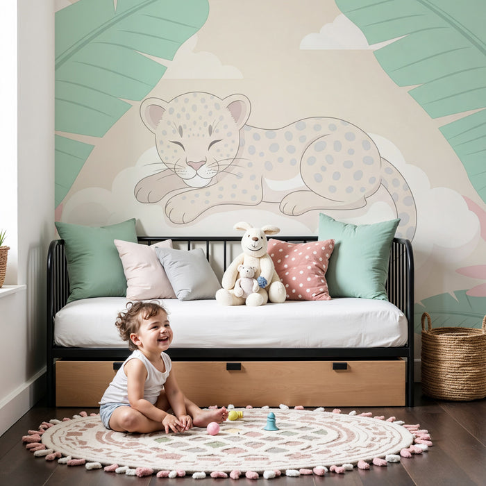 Papel pintado infantil | Leopardo blanco en un entorno tropical pacífico