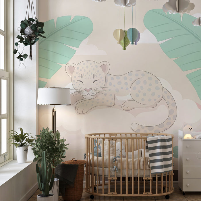 Papel pintado infantil | Leopardo blanco en un entorno tropical pacífico