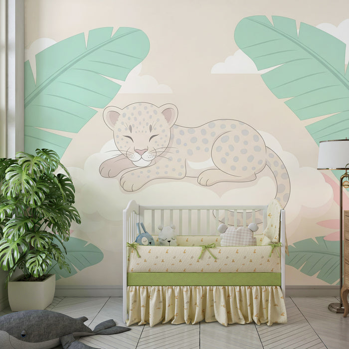 Papel pintado infantil | Leopardo blanco en un entorno tropical pacífico