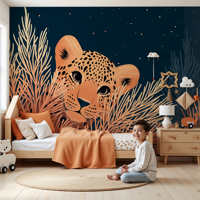 Papier peint chambre enfant | Léopard caché dans la nuit étoilée