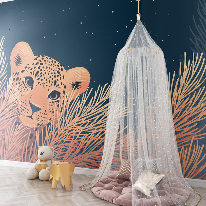 Papier peint chambre enfant | Léopard caché dans la nuit étoilée