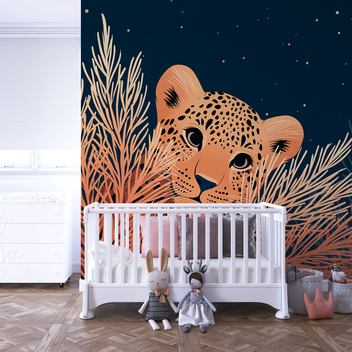 Papier peint chambre enfant | Léopard caché dans la nuit étoilée