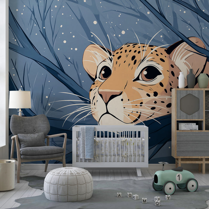Papier peint chambre enfant | Léopard curieux dans un paysage enneigé