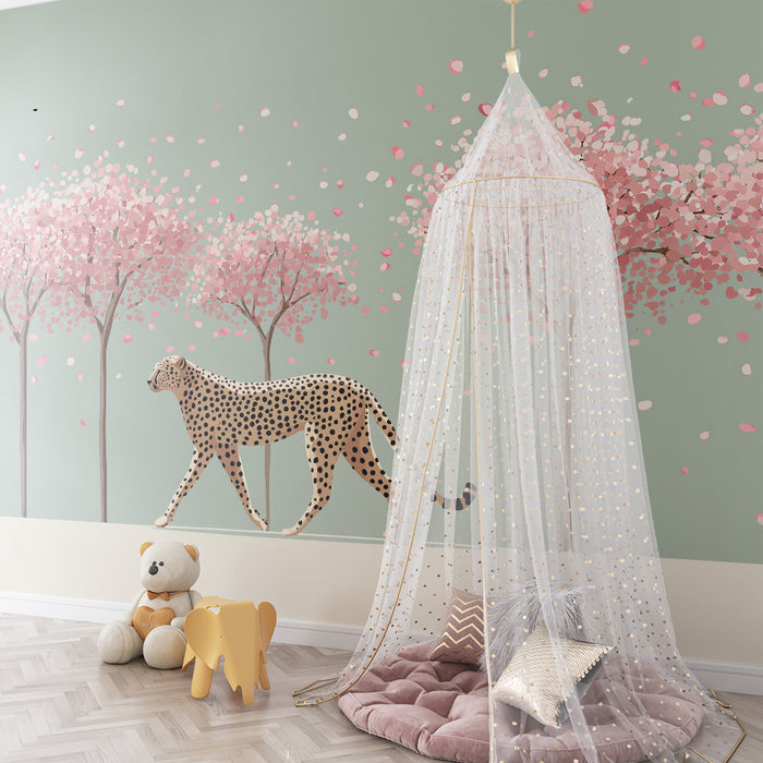 Barntapet | Eleganta leoparder under blommande körsbärsträd