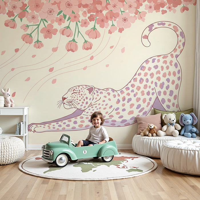 Kinderzimmer Tapete | Eleganter Leopard unter blühender Kirschblüte