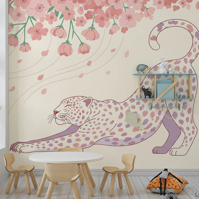 Kinderzimmer Tapete | Eleganter Leopard unter blühender Kirschblüte