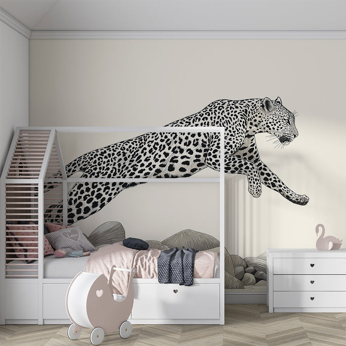 Barntapet | Leopard i full språng över klippor
