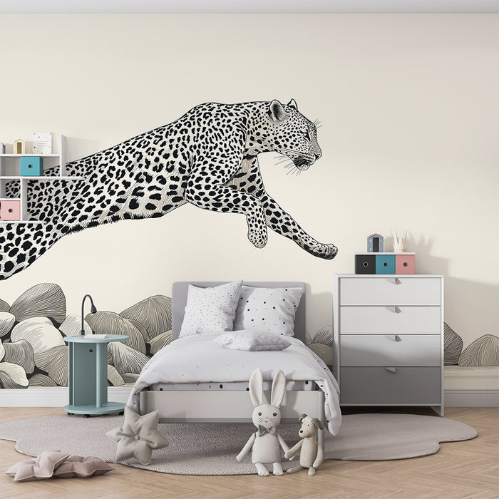 Barntapet | Leopard i full språng över klippor