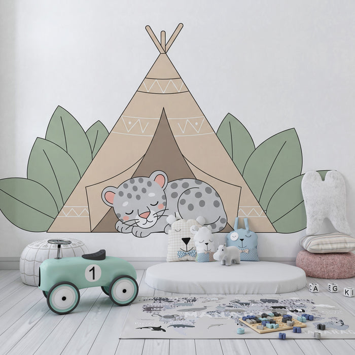 Papel pintado infantil | Leopardo durmiendo bajo la tienda de campaña