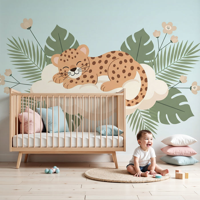 Papel pintado infantil | Leopardo durmiendo en una nube