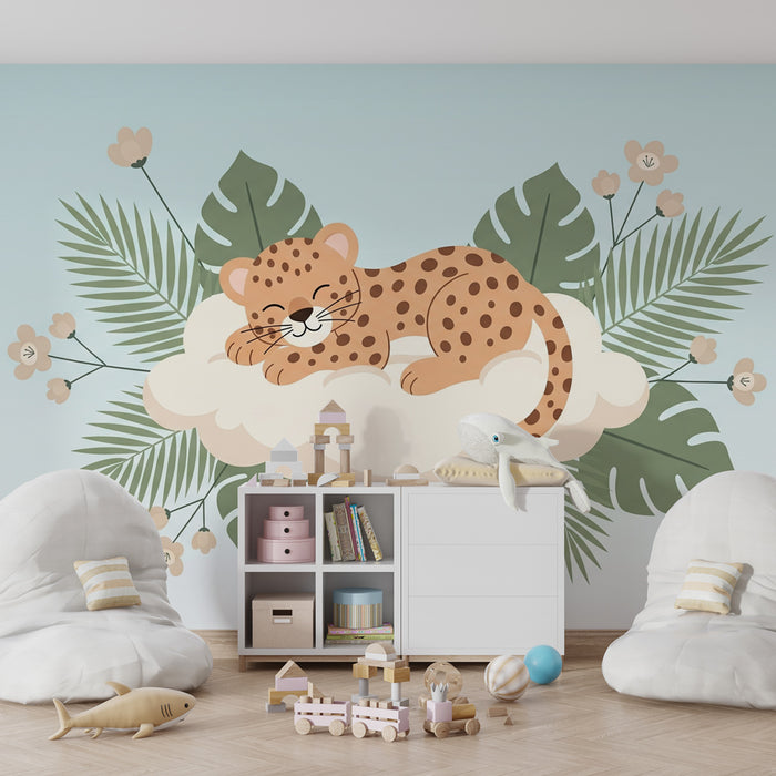 Papel pintado infantil | Leopardo durmiendo en una nube