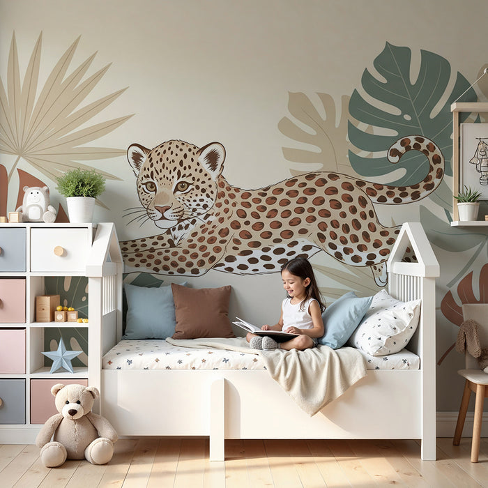 Kinderzimmer Tapete | Verspielter Leopard inmitten tropischer Blätter