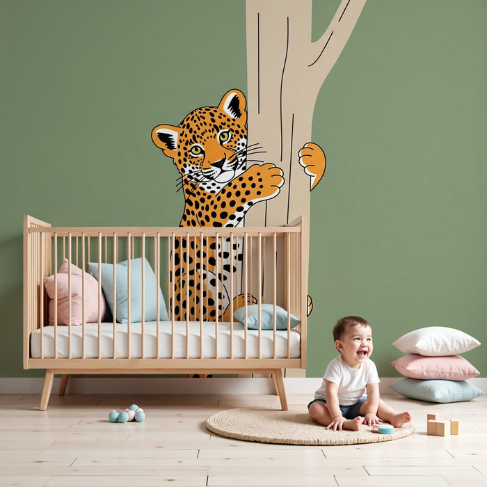 Papier peint chambre enfant | Léopard espiègle dans son arbre