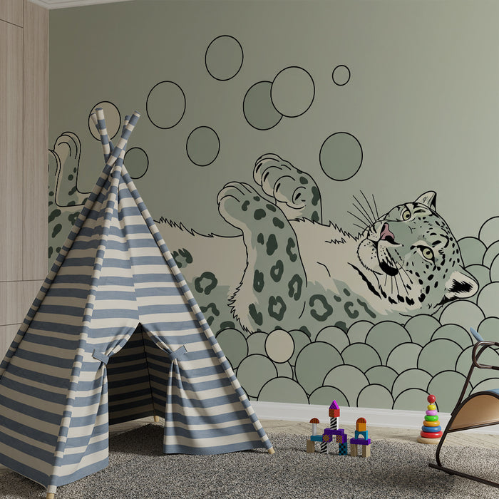 Kids room wallpaper | Playful leopard in a sea of bubbles