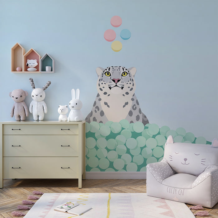 Dječja soba tapeta | Živahni leopard i šarene kuglice na pastelnoj pozadini