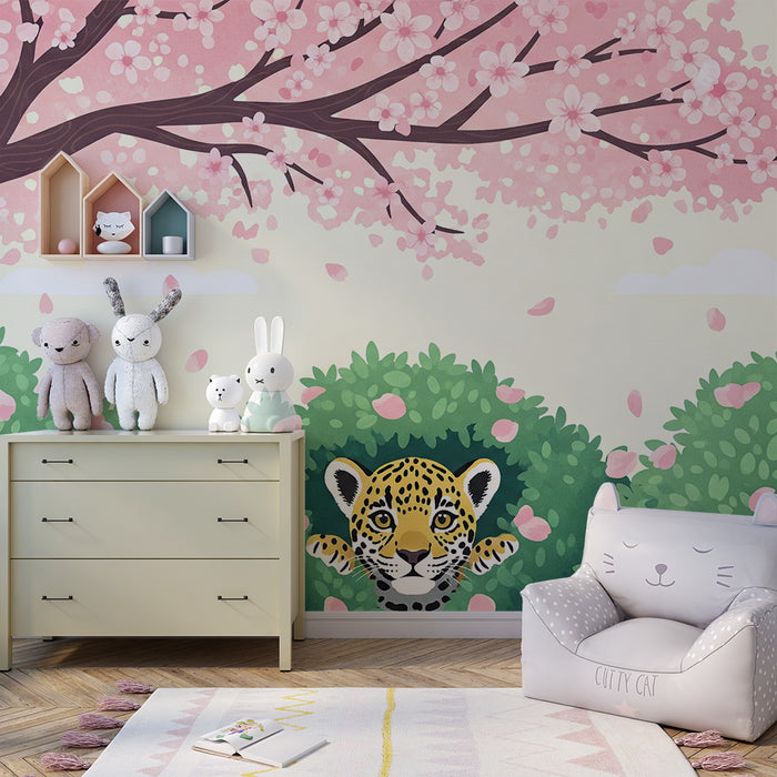 Barntapet | Lekfull leopard under ett blommande körsbärsträd