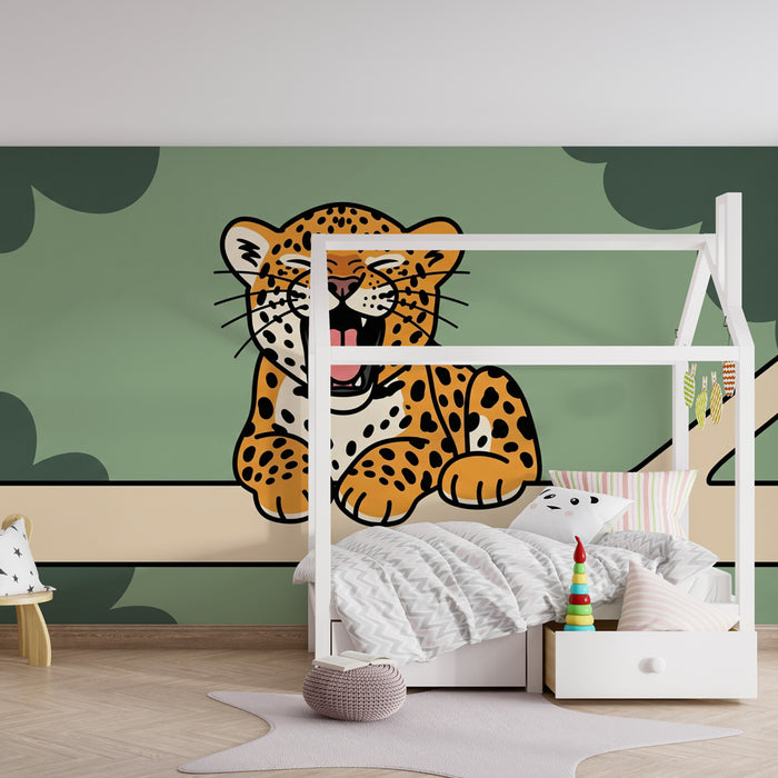 Carta da parati bambini | Leopardo giocoso sul suo ramo
