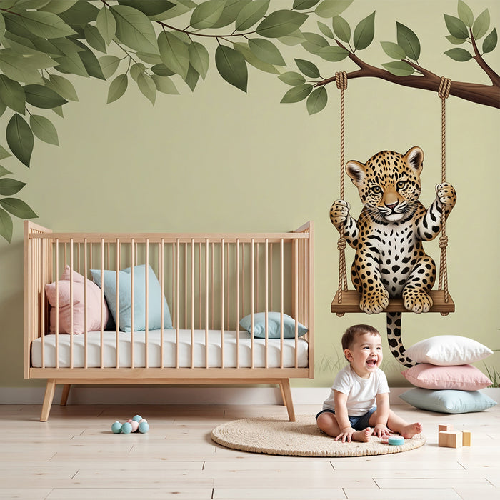 Dětské tapety | Hravý leopard na houpačce pod stromem