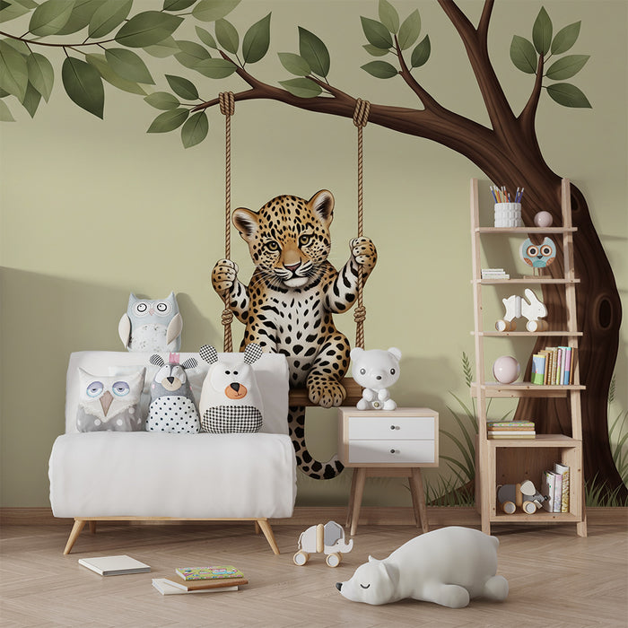 Dětské tapety | Hravý leopard na houpačce pod stromem