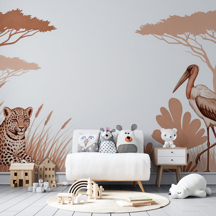 Papel de parede criança | Leopardo e flamingo na savana